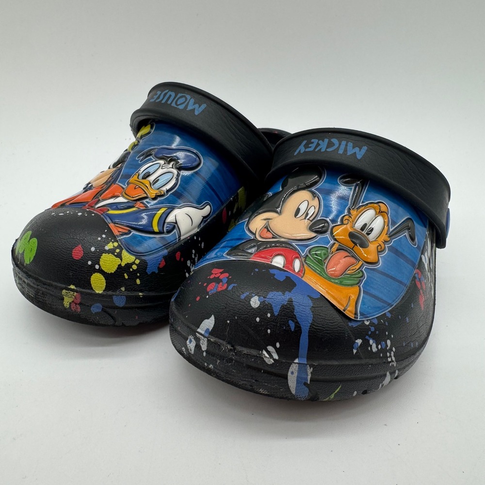 Disney Mickey Mouse Donald Goofy Pluto Clogs Shoes Black Toddler Size 9-10